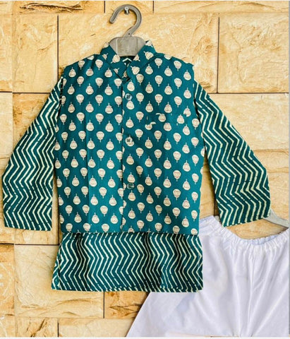 Green Buta Jacket With Stripes Printed Kurta And Churidar