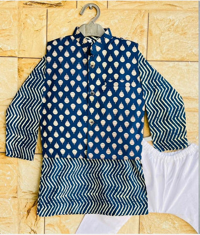 Blue Buta Jacket With Stripes Printed Kurta And Churidar